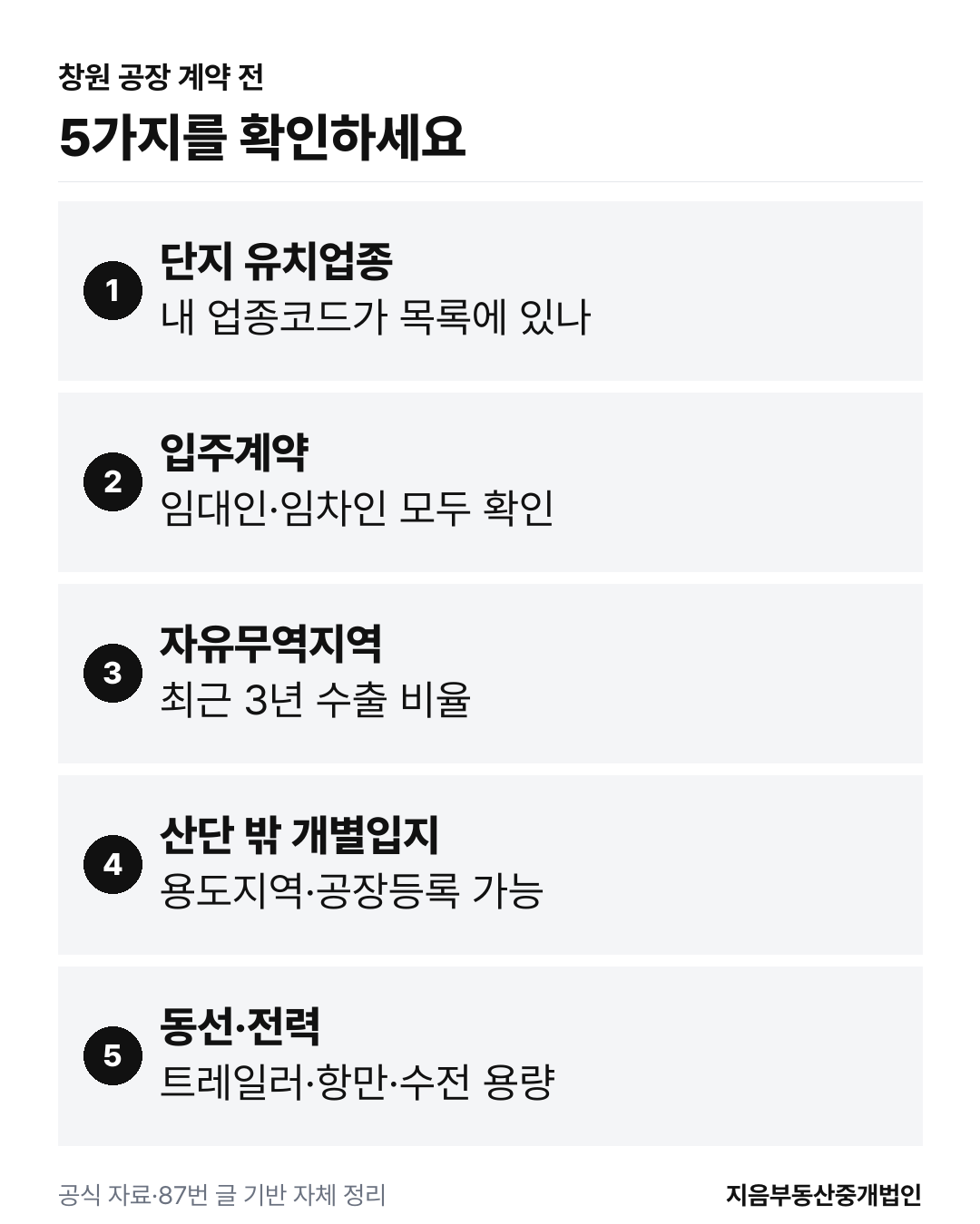 창원 공장 계약 전 5가지 확인: 단지 유치업종, 입주계약, 자유무역지역 수출 비중, 산단 밖 개별입지 용도지역, 트레일러 동선과 전력