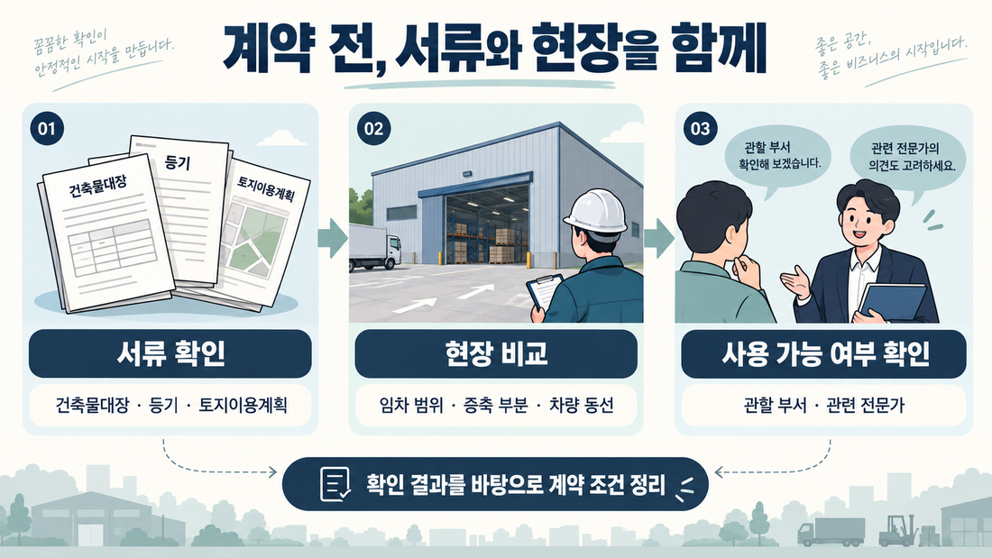 서류 확인, 현장 비교, 관할 부서와 전문가 확인을 통한 창고 계약 전 점검