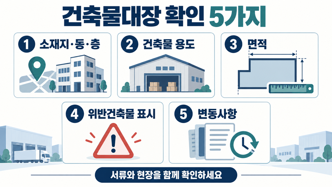 소재지·동·층, 용도, 면적, 위반건축물 표시, 변동사항 등 건축물대장 확인 5가지